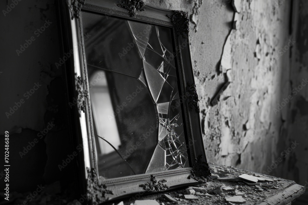 A fractured mirror reflecting distorted images, capturing the warped ...