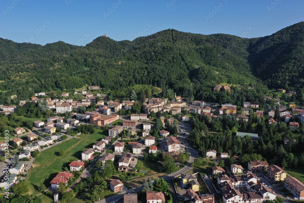 aerial view of the village of Carpineti on the hills of Reggio Emilia, Italy