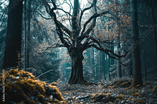 A wilted tree in a forest, symbolizing the isolation and despair felt when one believes they are unfairly treated by their community photo