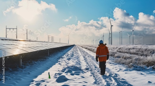 A construction worker walks through a solar field with the solar panels covered in snow. They don’t produce any power like this