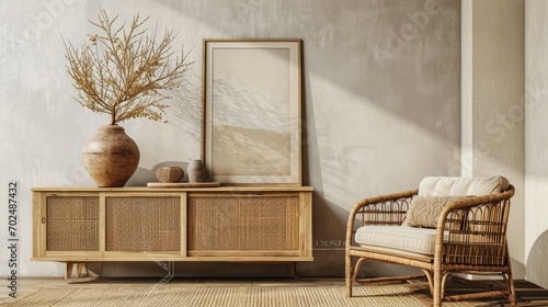 Creative composition of living room interior with mock up poster frame, copy space, wooden sideboard, vase with branch, rattan armchair, beige rug and personal accessories. Home decor. Template