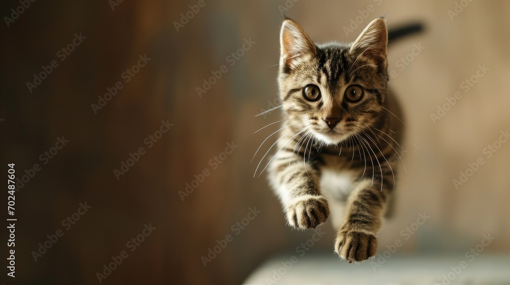 Funny cat flying. photo of a playful tabby cat jumping mid-air looking at camera. background with copy space Funny cat flying. photo of a playful tabby cat jumping mid-air looking at camera. background with copy space