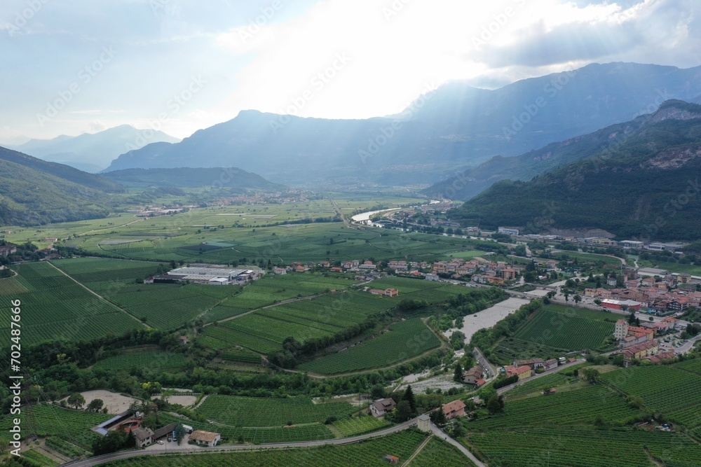Aerial view of Vallagarina near Castel Pietra. Calliano, Rovereto, Trento, Italy