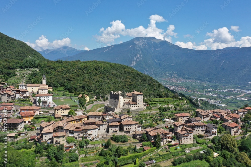 Aerial view of Tenno village Trentino-Alto Adige, Alto Garda and Ledro Community. Tenno, Trento, Italy
