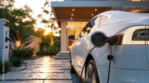 Generic electric vehicle EV hybrid car is being charged from a wallbox on a contemporary modern residential building house photo