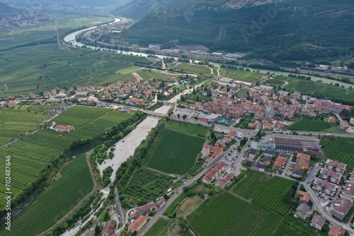 Aerial view of Vallagarina near Castel Pietra. Calliano, Rovereto, Trento, Italy