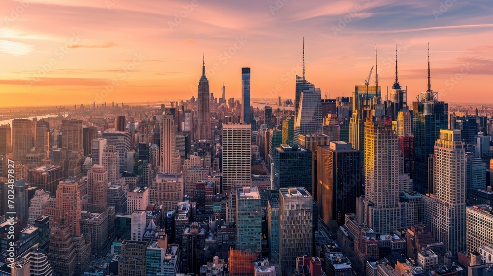 New York City panorama skyline at sunrise. Manhattan office buildings : skysrcapers at the morning. New York City panoramatic shot - obrazy, fototapety, plakaty 