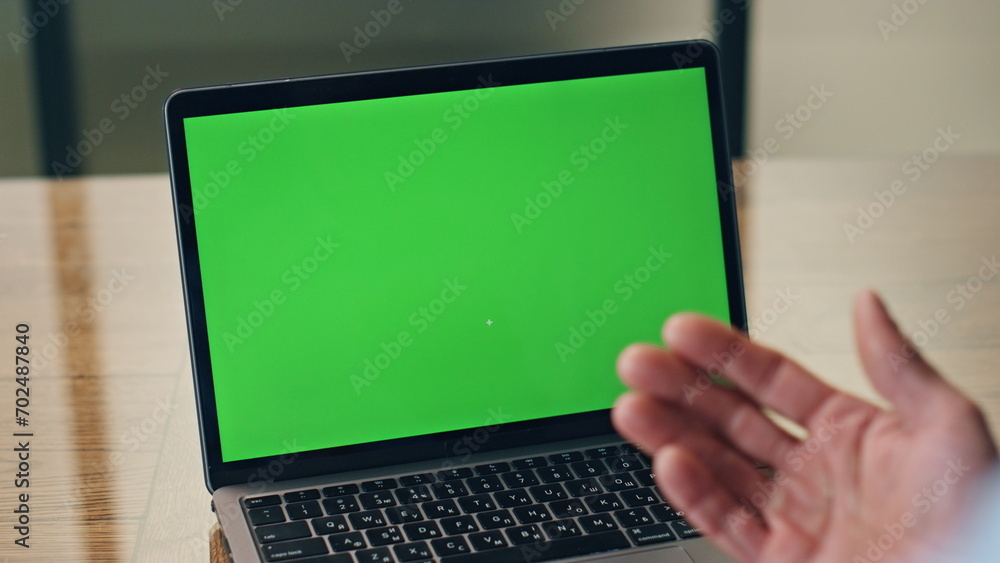 Man hands videocalling chromakey computer closeup. Video call conference office Man hands videocalling chromakey computer closeup. Video call conference office
