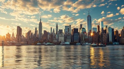 New York City panorama skyline at sunrise. Manhattan office buildings : skysrcapers at the morning. New York City panoramatic shot