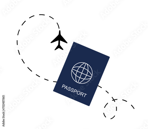 Blue passport and flying plane isolated on white background. Flat vector illustration For Business trip, journey and travel. International identification document for travel. Holiday travel.