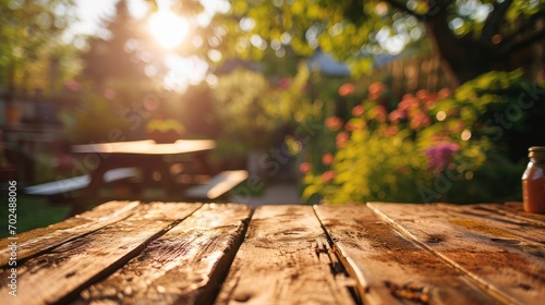 Summer time in backyard garden with grill BBQ, wooden table, blurred background photo