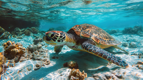 An underwater view of a sea turtle gliding over the sandy seabed in crystal clear water 