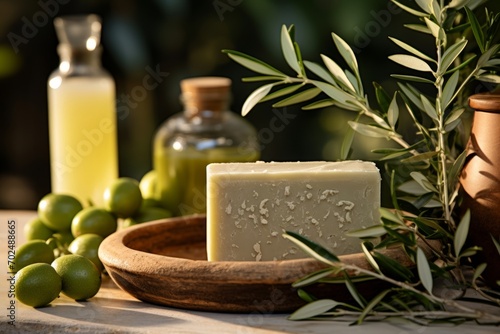 A bar of natural soap rests in a wooden dish surrounded by fresh green olives and olive branches. In the background, bottles of olive oil add to the organic aesthetic. photo