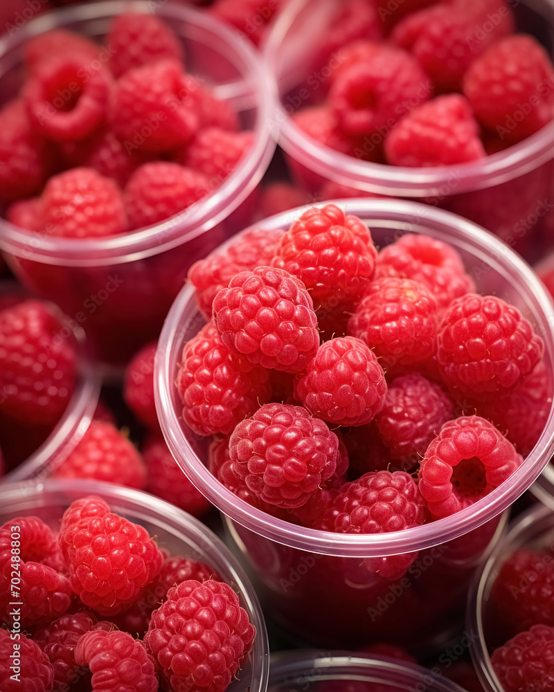 Close-up plastic glass with raspberries ready to take away. Quick, healthy snack from berries in convenient container Close-up plastic glass with raspberries ready to take away. Quick, healthy snack from berries in convenient container
