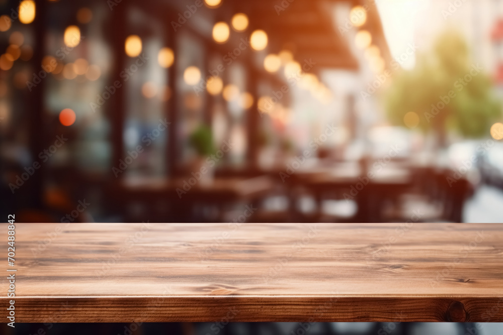 Empty wooden table outdoor street cafe decorated with lights, blurred defocused background, copy space