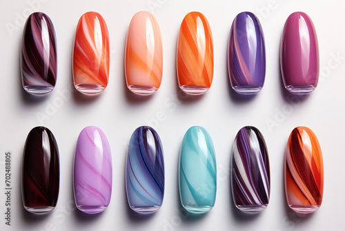 Set of multi-colored nail polish samples, examples of coloring