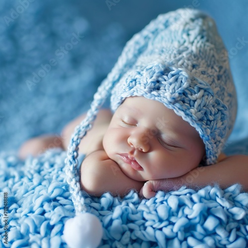 Peaceful newborn sleeps soundly, swaddled in chunky blue knit blanket, wearing matching handmade hat, symbolizing innocence and quiet moments of early life, newborn's first photo session photo