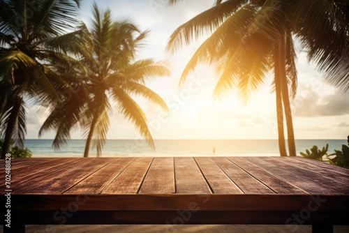 Landscape with empty wooden table outdoor in morning rays with palm trees and beach on blurred background