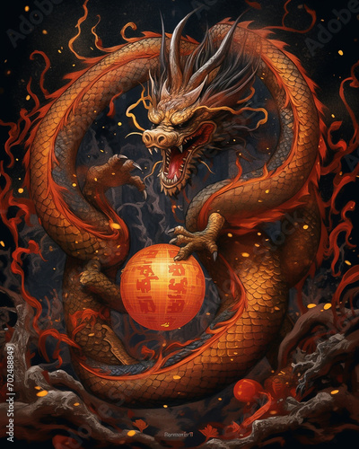 Illustration of a snake dragon with fire ball