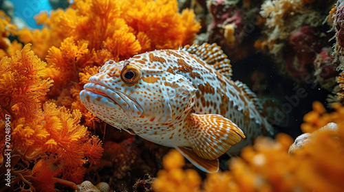 a blacktip grouper nestled in the folds of a bright yellow coral, showcasing ocean wildlife
 photo