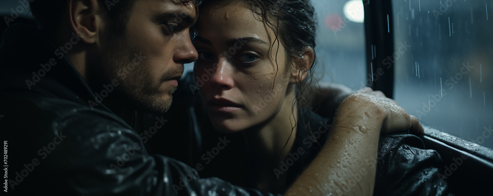 Dramatic portrait of a young couple sitting inside a car on a rainy day. Reflective Lights, wet, close up portrait.