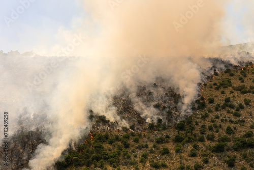 Aerial view of a wildfire in a forested mountain area, depicting smoke and flames.