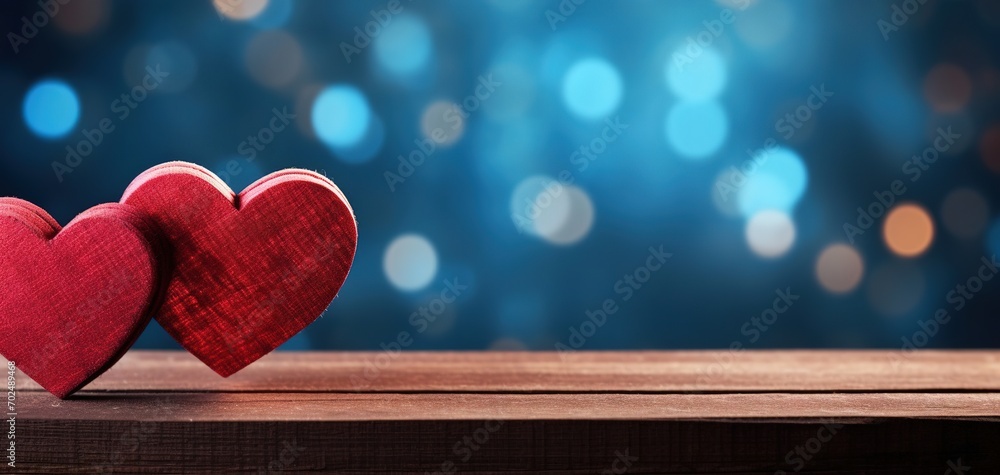 Two blue send Valentines Hearts Standing On wooden. blured light background, AI Generated