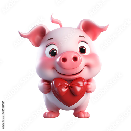 Cute 3d pig with heart isolated on white. Valentine  romance  or wedding.