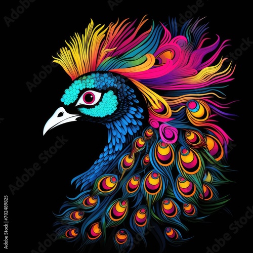 Beautiful peacock. Bbird with ornamental feathers, character of nature with decorative elegant plumage