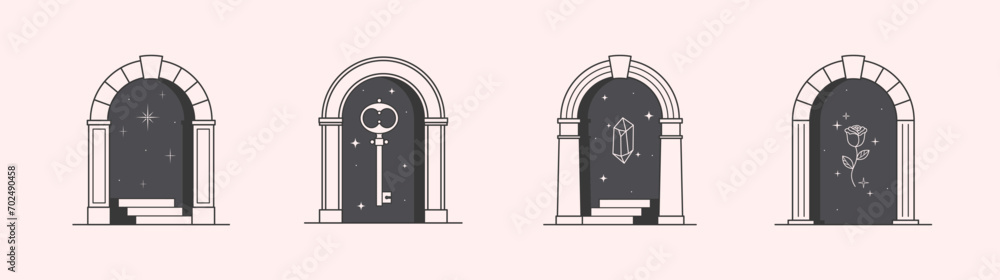 Vector mystic logo design templates with portals,steps,magic flower,stars,gem and key.Surreal abstract illustrations in trendy minimal outline style.Celestial emblems.Branding design templates. Vector mystic logo design templates with portals,steps,magic flower,stars,gem and key.Surreal abstract illustrations in trendy minimal outline style.Celestial emblems.Branding design templates.
