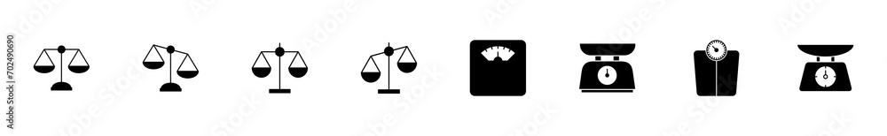 Scales icon set. Weight scale icon. Law scale icon. Justice Scales icon set. Weight scale icon. Law scale icon. Justice