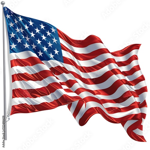 American Flag Flying In The Wind, Isolated on a White background for PNG Cliparat