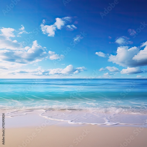 A description of a serene beach with white sand and clear blue water