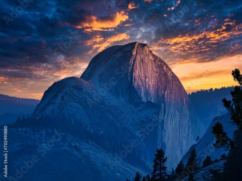 Half Dome, granite mountain, round shapes, sunset summit, dramatic evening sky, Yosemite Valley, California, USA, North America photo