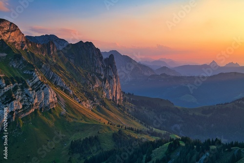 Mountain landscape at sunset, view of Glarnerland and Central Switzerland, cantons of Glarus and Schwyz, Switzerland, Europe photo