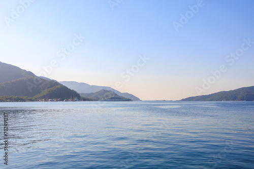 Sea view from a Mediterranean resort town. Background with selective focus and copy space