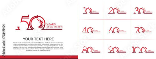 set of anniversary logotype red color with ornament for special celebration event photo