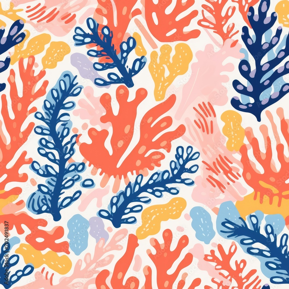 seamless colorful fun pattern of coral and leaves, ai