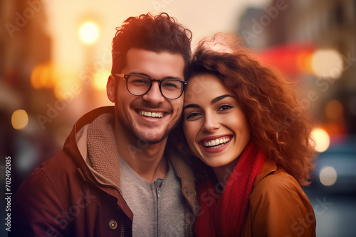 Street portrait of a happy young white man and woman couple with sincere smiles, beautiful faces, and warm clothes, standing on a blurred street background.