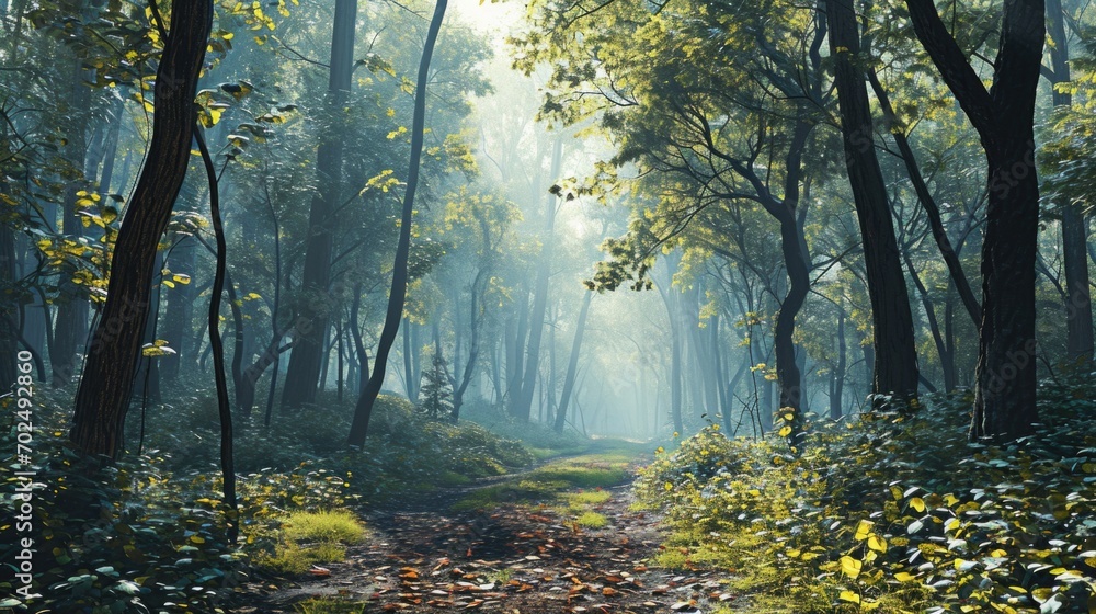 A painting of a path through a serene forest. Ideal for nature enthusiasts and those seeking a sense of calm and tranquility.