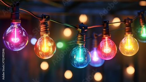 String of multicolored light bulbs on a dark background. Can be used for festive decorations or as a concept of creativity and innovation