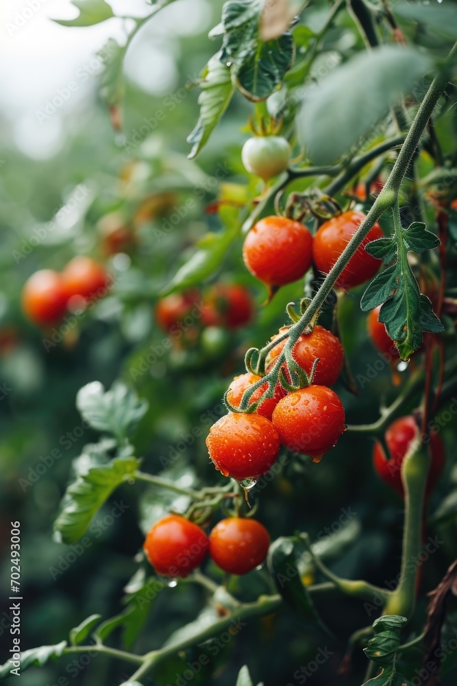 A picture of a bunch of tomatoes growing on a tree. Suitable for gardening or organic farming themes
