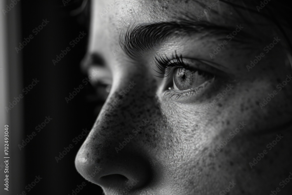 Naklejka premium A black and white photo capturing the beauty of a woman's face. Suitable for various creative projects