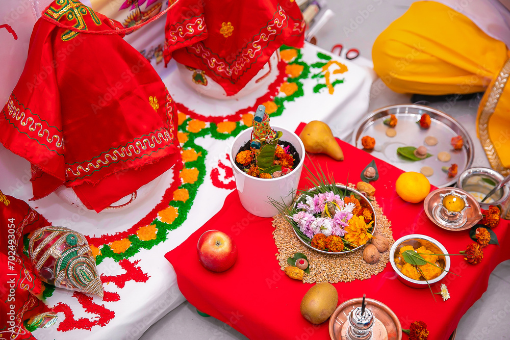 Indian Hindu wedding ceremony and pooja ritual items