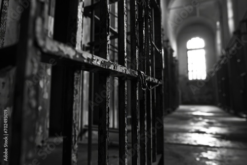 A photo of a jail cell in black and white. This image can be used to depict the confinement and isolation of prisoners or to illustrate the criminal justice system