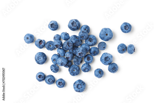 Pile of fresh blueberries isolated on white, transparent background, PNG, top view, flat lay. Organic berries, healthy food, wild berries.