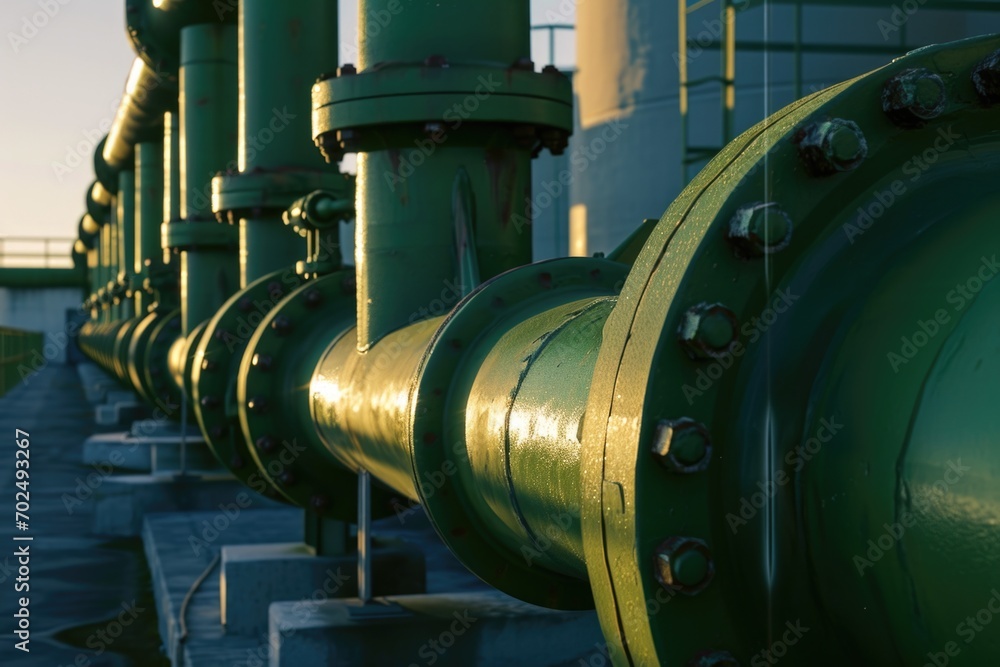 Green pipes attached to the side of a building. Can be used to illustrate architecture, infrastructure, or urban design Green pipes attached to the side of a building. Can be used to illustrate architecture, infrastructure, or urban design