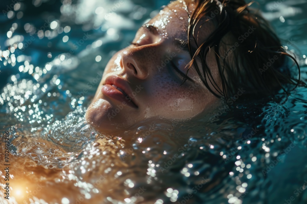 A woman is pictured swimming in a pool with her eyes closed. This image can be used to depict relaxation, mindfulness, and enjoying a peaceful moment in the water