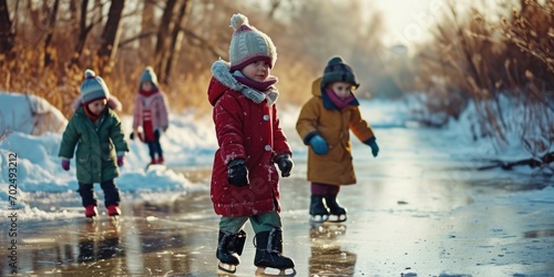 Children enjoying skating on a frozen river. Perfect for winter activities and family fun