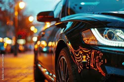 A close up view of a car parked on a busy city street. This image can be used to illustrate urban transportation or street scenes